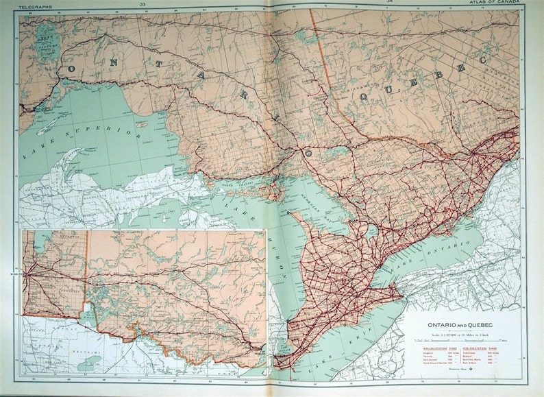 1915 Antique Map of Ontario and Quebec Ontario Quebec Antique Map Antique Ontario Quebec Map Telegraphs Large