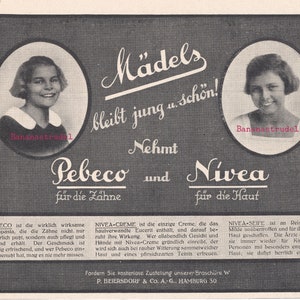 Antike Werbung für Nivea Creme und Pebeco Zahnpasta - 1926 deutsche Werbung