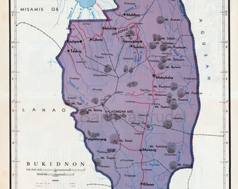 Bukidnon, Philippines - RARE Large Vintage 1959 Map - Malaybalay - Malitbog