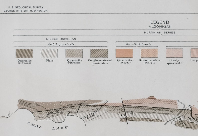 1909 Antique Geologic Map of Teal Lake, Michigan, Quarzite Ridges - Etsy