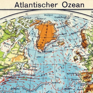 Ancienne carte allemande de 1928 représentant l'océan Atlantique