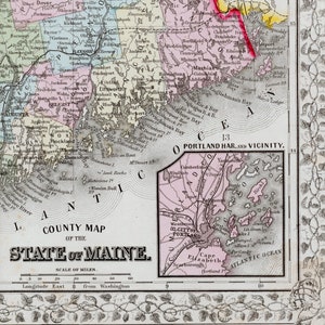 Carte du Maine ancienne coloriée à la main par Mitchell, 1867