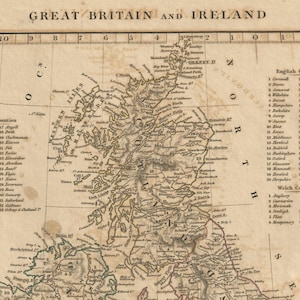 Carte ancienne de 1828 de la Grande-Bretagne et de l'Irlande - Carte d'Arrowsmith colorée à la main