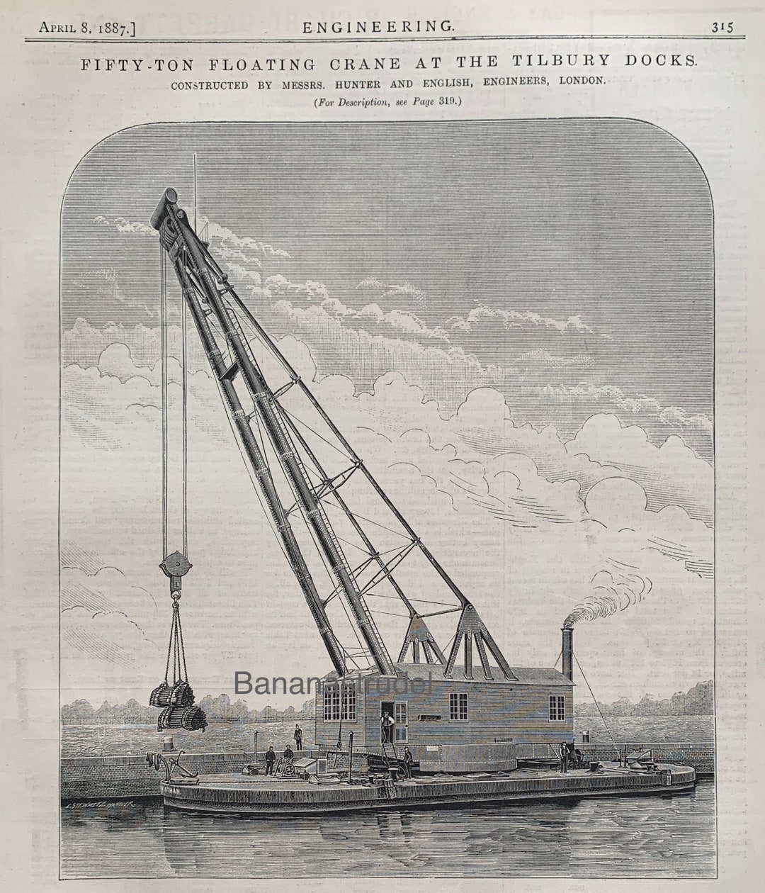 Antique Print of a Fifty-ton Floating Crane at the Tilbury