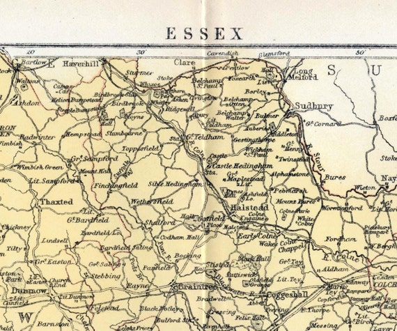 1878年エセックス州アンティーク地図（英国） - パステルカラー地図