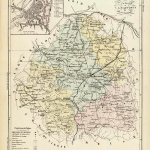 Antique Map of Indre, France With Inset of Châteauroux Handcolored 1800s French Vintage Map image 5