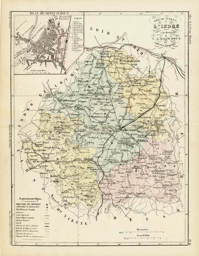 Antique Map of Indre, France With Inset of Châteauroux Handcolored 1800s French Vintage Map image 5