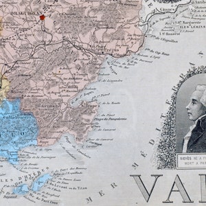 1883 Antike Landkarte von Var, Frankreich - Vintage illustrierte Karte - Toulon - Handgefärbt - Wohnkultur