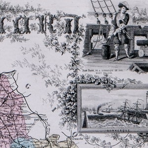 1883 Antike Karte von Nord, Frankreich - Lille - Dunkirk - Vintage illustrierte Karte - Handgefärbt - Handkoloriertes Wohndekor