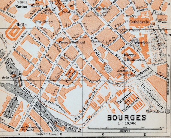Antique Map of Bourges, France - 1905 Vintage City Map - Old