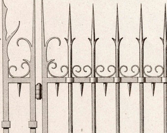 1880 French Antique Engraving of Decorative and Architectural Metalwork. Grill outside the Clermont Cathedral, France. Plate 45