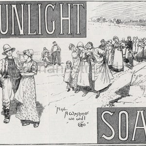 1889 Rare Antique Advertisement Engraving  for Sunlight Soap - And a Washing We Will Go - Advert -