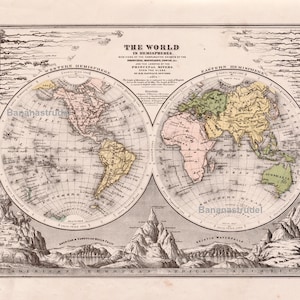 Antique World Map - Hemispheres - 1880 Handcoloured Map - Handcolored