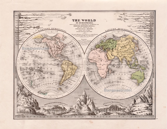 アンティーク世界地図 - 半球 - 1880年 手彩色地図 - 手彩色 - Etsy 日本