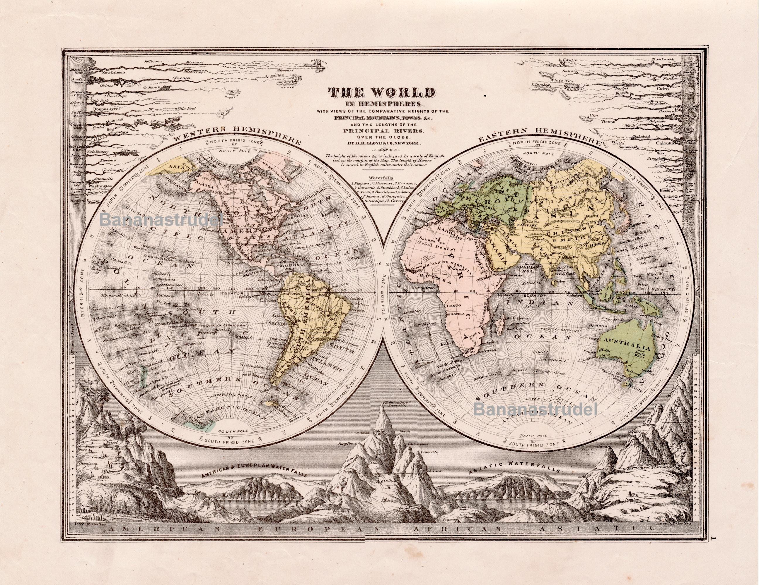 アンティーク世界地図 - 半球 - 1880年 手彩色地図 - 手彩色 - Etsy 日本