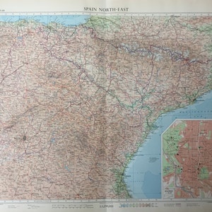 1958 Vintage Landkarte von Spanien, Nordosten - Große Karte von Spanien - Inset von Madrid