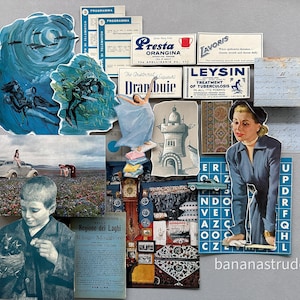 1890s-1960s BANANASTRUDEL INGREDIENTS - 21-pc. Curated Hand-cut All Things Blue Colour Ephemera Pack / Collage Junk Journal Ephemera