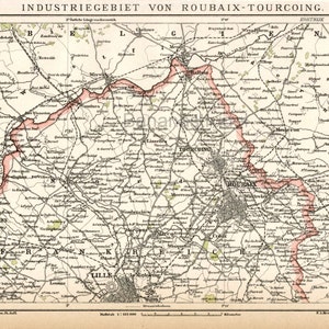 1897 Antike deutsche Karte der Industrieregion Roubaix-Tourcoing, Frankreich