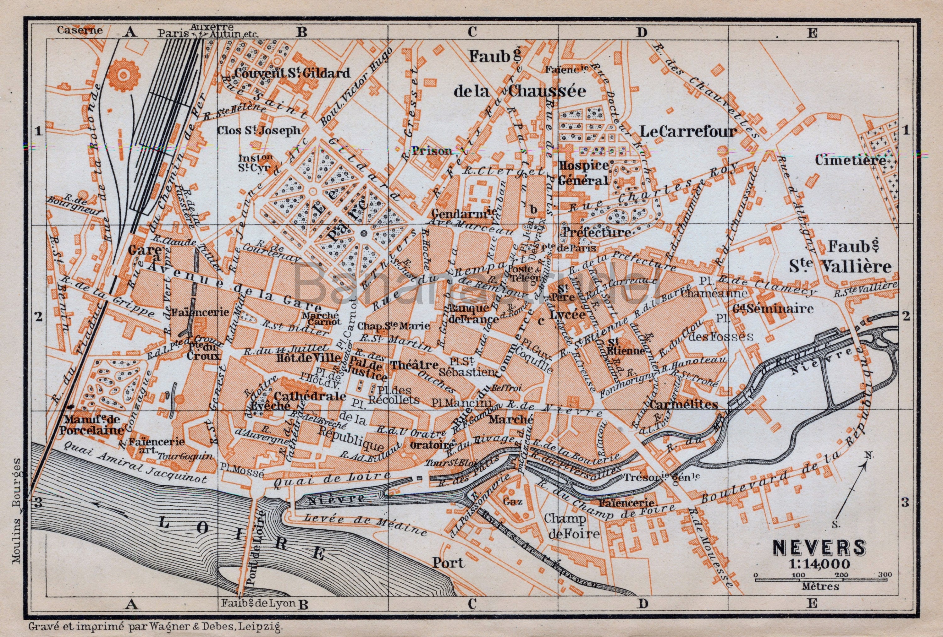 Antique Map of Nevers, France - 1905 Vintage City Map - Old