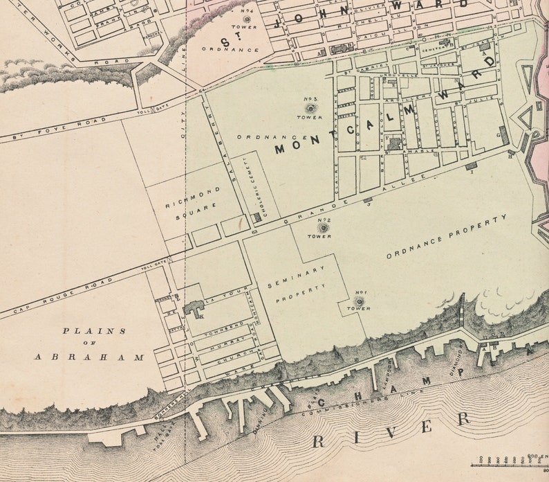 May include: A vintage map of a city with the words "Plains of Abraham" and "Richmond Square" labeled. The map shows a river, a cemetery, and a large area labeled "Ordnance Property".