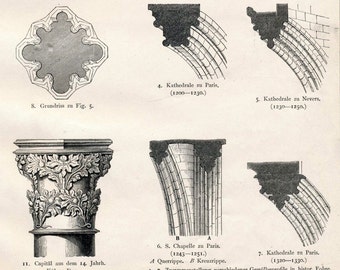 1886 Antique German Print of Medieval Churches - Columns - Arches - Cologne - Rheims - Paris -Plate 50