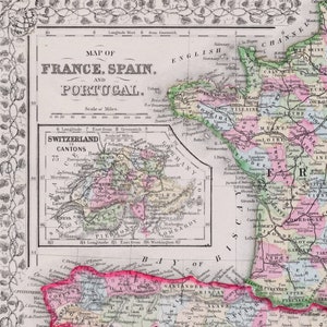 Ancienne carte Mitchell coloriée à la main de 1867 représentant la France, l'Espagne et le Portugal - Île de Corse - La Suisse dans les cantons