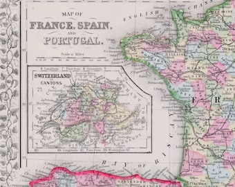 1867年製、アンティークの手彩色ミッチェル地図（フランス、スペイン