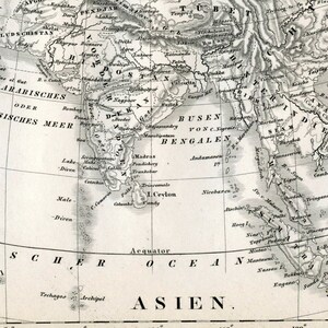 Carte vintage allemande de 1860 en Asie - Noir et blanc