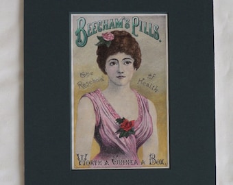 1880 Antique Victorian Advertisement - Pink Lady - Rosebud of Health - Beecham's Pills - Hand Coloured - Ready to Frame 8 x 10