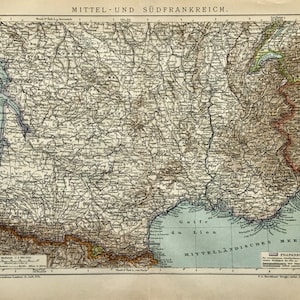 Antike Landkarte von Zentral- und Südfrankreich - 1895 - alte Karte - Bordeaux Toulouse Loire Vaucluse