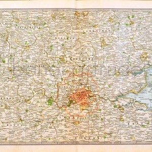 1911 Antike Landkarte der Umgebung von London, der UK - Century Atlas Map