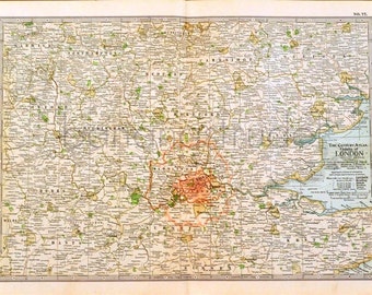 1911 Antique Map of the Vicinity of London, the UK - Century Atlas Map
