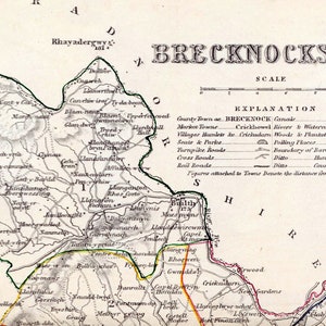 1846 rare carte vintage du Brecknockshire, Pays de Galles - plan de la ville vintage - carte de la vieille ville - coloriée à la main