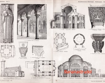 Antique Print of Medieval Church Architecture - Published 1886 - Hagia Sophia - San Vitale - Saint Apollinaris - Santa Costanza - Plate 39