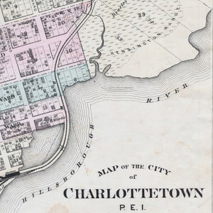 Grand rare plan de la ville de Charlottetown, Î.-P.-É. 1880 - plan de la ville vintage - carte de la vieille ville - coloriée à la main