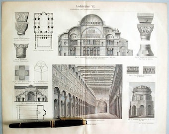 1895 Antique Print of Byzantine Church Architecture - Engraving of Early Christian and Byzantine Church Architecture