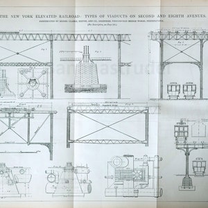 Large Antique Print of the New York Elevated Railroad - Viaducts on Second and Eight Avenues - 2-panel Drawing - March 12, 1880