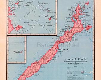 Palawan, Philippines - RARE Large Vintage 1959 Map - Puerto Princesa - El Nido - Paragua