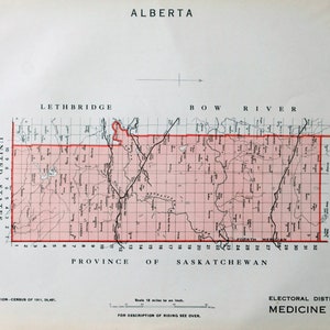 May include: A black and white map of the Medicine Hat electoral district in Alberta, Canada. The map shows the boundaries of the district, as well as the location of major rivers and towns. The map is titled "Electoral District of Medicine Hat" and includes the text "Population - Census of 1911, 24,481".