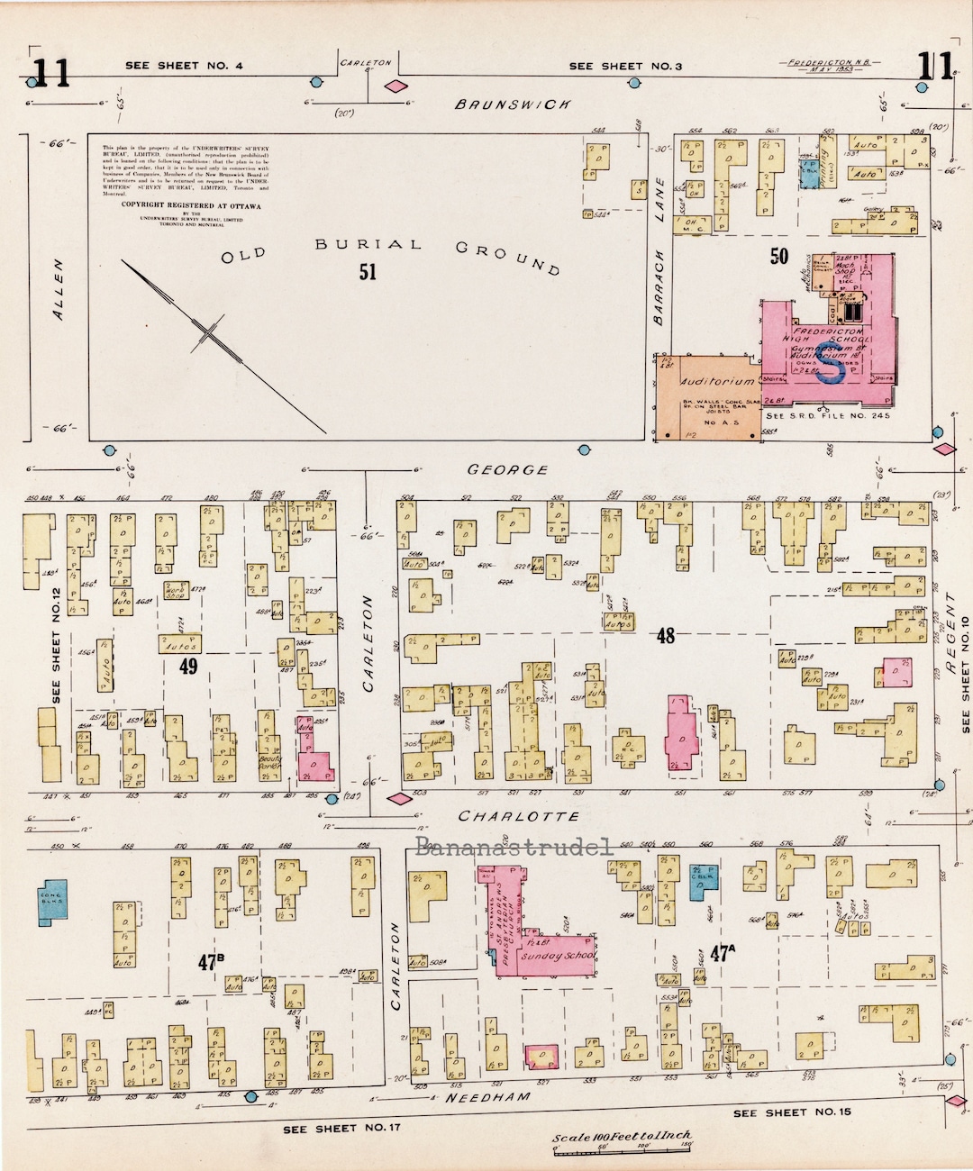 Vintage Map of Fredericton, New Brunswick - 1953 Fire Insurance Map