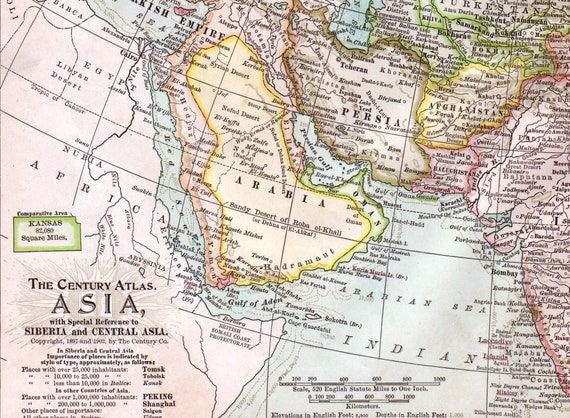 セール　真作　古地図　アジア・日本・中東　銅版　手彩色 1902年製アジア古地図 - 中央アジア - シベリア - 古地図アジア