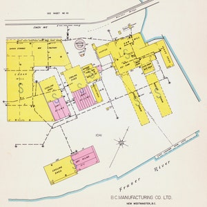 May include: A detailed map of the B.C. Manufacturing Co. Ltd. in New Westminster, B.C., Canada. The map shows the layout of the factory, including the saw mill, cooling sheds, dry kilns, and other buildings. The map is dated October 1957.
