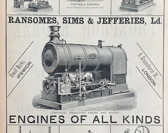 1889 Rare Antique Advertisement for Engines of All Kinds - Boilers / Beautiful Graphics / Font