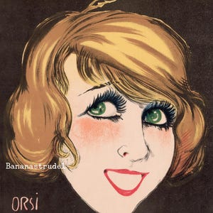 May include: Illustration of a woman's face with blonde hair, green eyes, and red lips. The image has a vintage style, with the text "Bananasstrudel" and "ORSI" at the bottom.