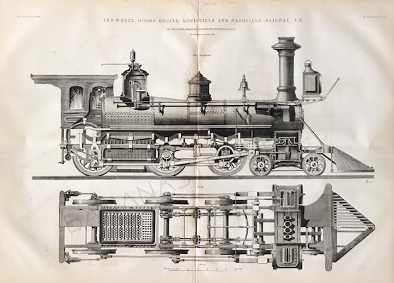 1872 Large Antique Engraving of Ten Wheel Goods Engine