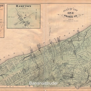 Carte ancienne coloriée à la main de l'Île-du-Prince-Édouard de 1880 - Lot 1 - Comté de Prince - Ellerslie - Hampton - Carte de l'Î.-P.-É. - Décoration d'intérieur