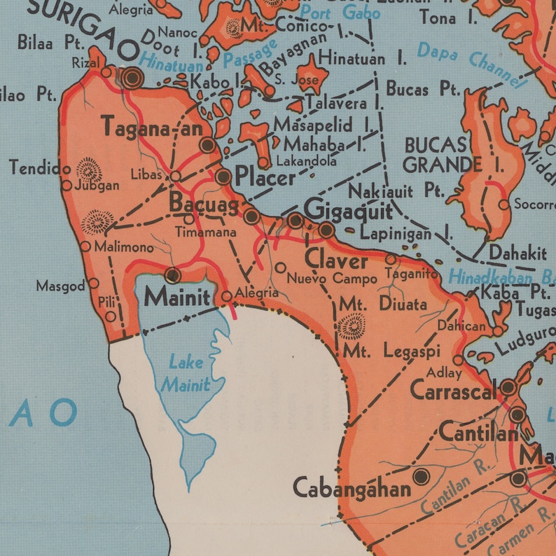 Surigao, Philippines - RARE Large Vintage 1959 Map - Mainit - Gigaquit ...