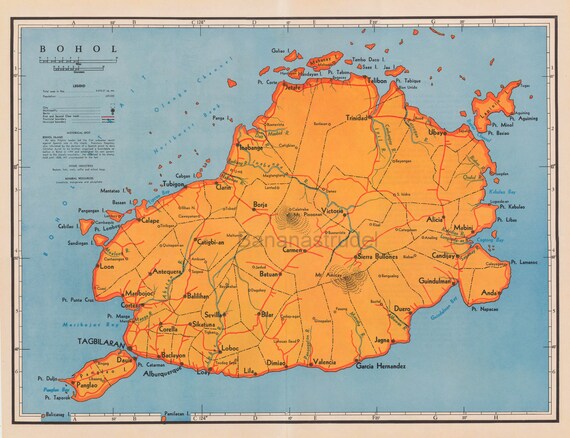 Map Of Ubay Bohol 1959 Large Rare Vintage Map Of Bohol The Philippines | Etsy
