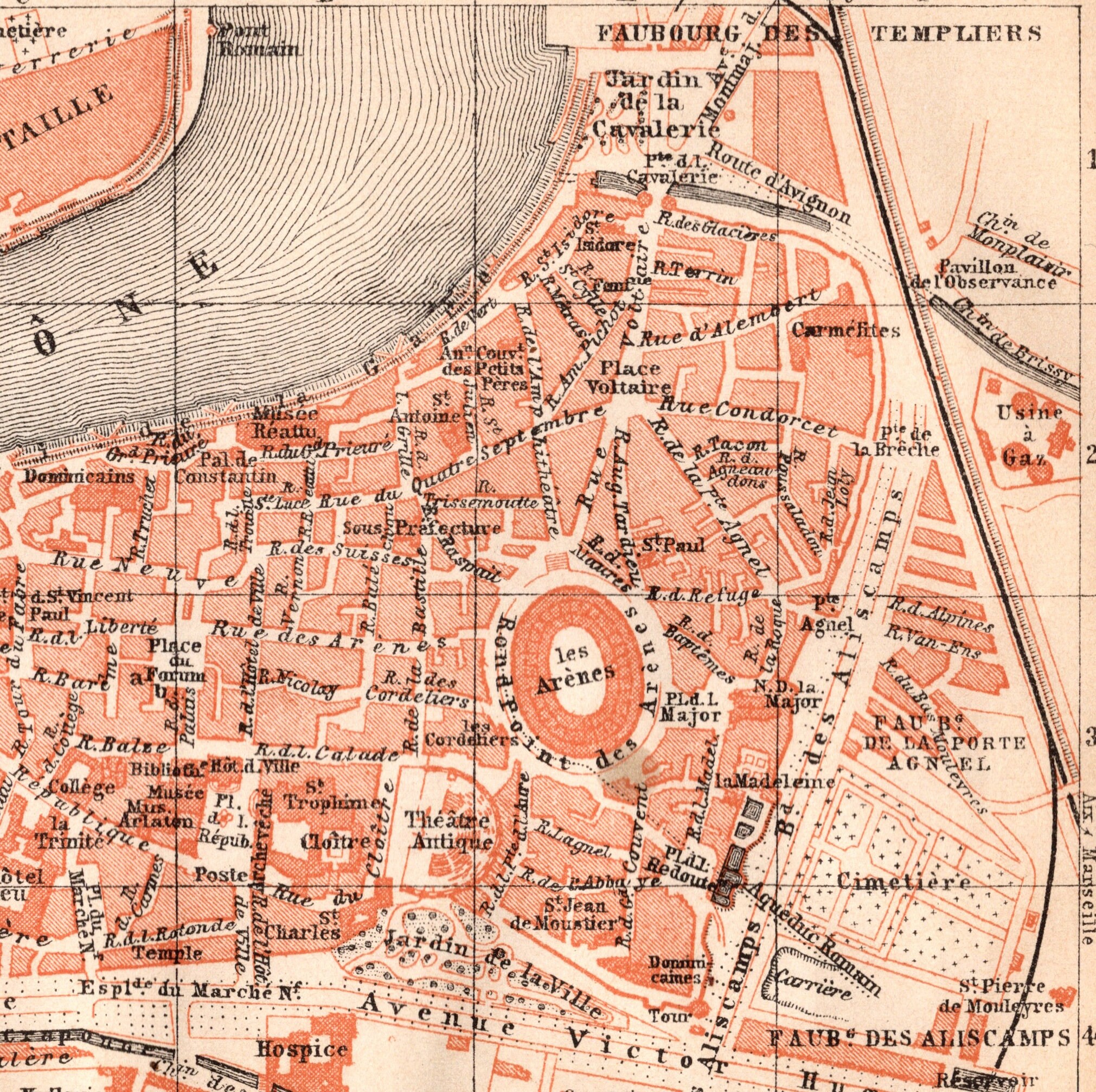 フランス、アルルのアンティーク地図 - 1907 年の小さな市街地図