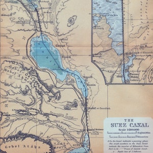 1914 Carte ancienne du canal de Suez - Egypte - Mer Rouge - Mer Méditerranée - Disponible avec double passe-partout 11 x 14 - Prêt à encadrer